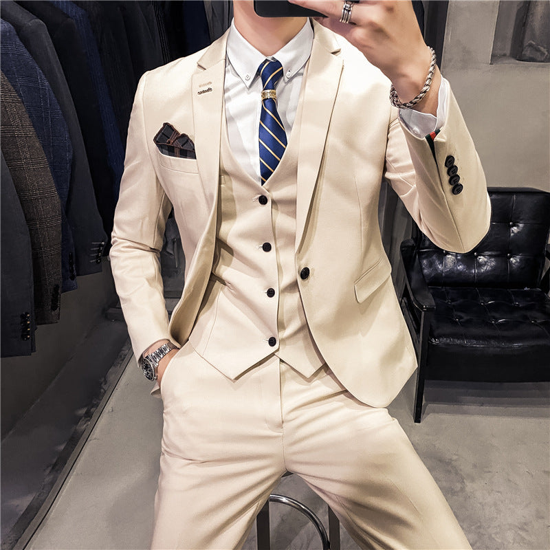 Business Formal Wear Plus Size Swallowtail Three-piece Solid Color Korean Men's Suit